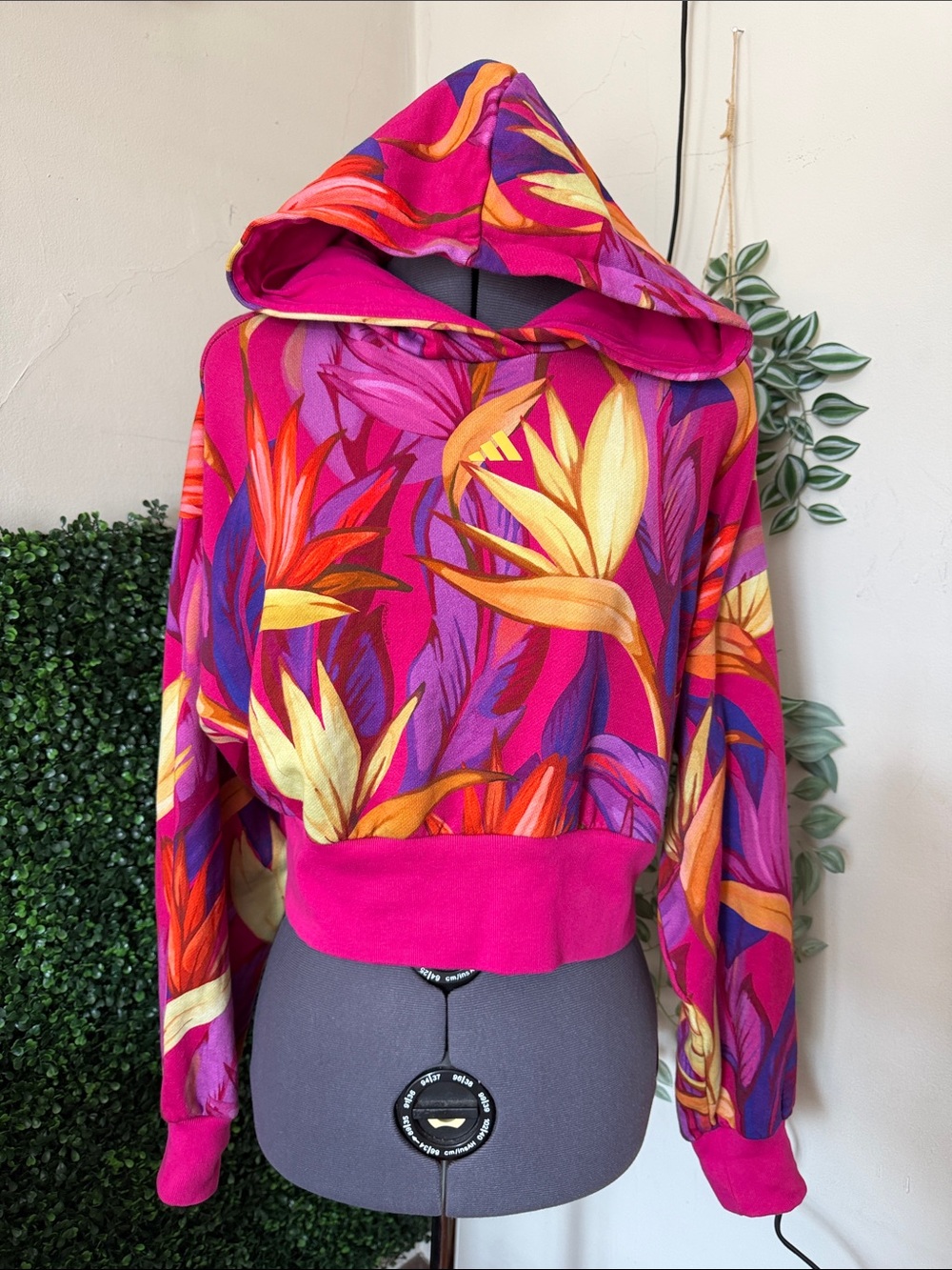 FARM Rio x adidas Hot Pink Tropical Crop Hoodie with Yellow & Purple Leaf Print